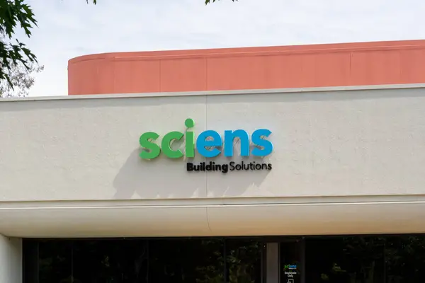 Stock image Sciens Building Solutions sign on the building at headquarters in Pleasanton, Ca, USA - June 12, 2023. Sciens Building Solutions is a company focused on the fire detection and security services sector