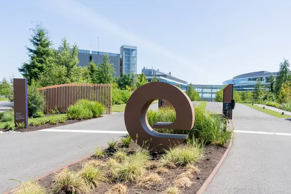 stock image Seattle, Washington, USA - June 15, 2023: Expedia Group headquarters in Seattle. Expedia Group, Inc. is an American company that owns and operates travel fare aggregators and travel metasearch engines