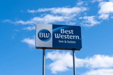 Close up of the Best Western pole sign with the blue sky in the background. Ontario, Oregon, United States, June 18, 2023. clipart