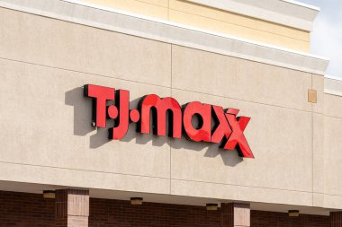 Close up of TJ Maxx store sign on the building in Salt Lake City, Utah, USA, June 23, 2023. TJ Maxx is an American department store chain.