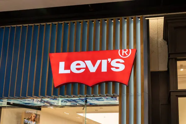 stock image Close up of the Levis store sign is seen in a shopping mall in Salt Lake City, Utah, USA, on June 23, 2023. Levi Strauss and Co. is an American clothing company.