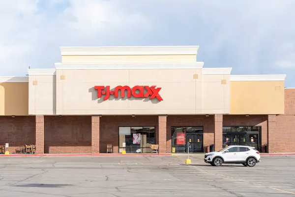 stock image Close up of TJ Maxx store sign on the building in Salt Lake City, Utah, USA, June 23, 2023. TJ Maxx is an American department store chain.