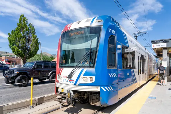 stock image UTA TRAX light rail train in downtown Salt Lake City, Utah, USA - June 24, 2023. TRAX is a light rail system in the Salt Lake Valley of Utah