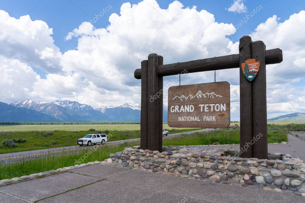 The entrance sign of Grand Teton National Park, Wyoming, USA - June 29, 2023. Grand Teton National Park is an American national park in northwestern Wyoming