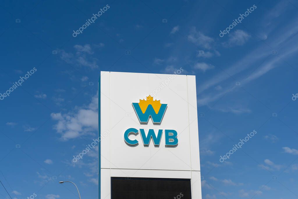 CWB, Canadian Western Bank, sign with blue sky background in Calgary, Alberta, on July 3, 2023. Canadian Western Bank, also operating as CWB Financial Group, is a Canadian bank.