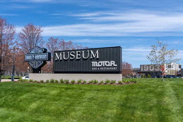 stock image Harley-Davidson Museum sign in Milwaukee, Wisconsin, USA, May 3, 2023. Harley-Davidson, Inc. is an American motorcycle manufacturer.