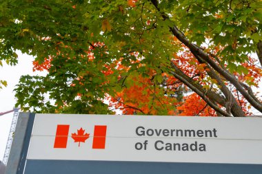 Ottawa, ON, Kanada - 16 Ekim 2023: Ağaç destekli Kanada Hükümeti tabelasını kapatın. Ottawa, ON, Canada.