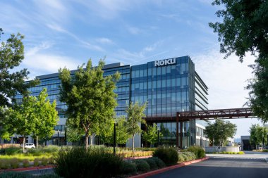 Close up of Roku sign on the building at the headquarters in San Jose, California, USA on June 9, 2023. Roku, Inc. is an American company that runs a streaming service clipart