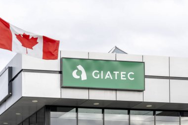 Nepean, ON, Canada - October 15, 2023: Close up of Giatec logo sign at its Headquarters in Nepean, ON, Canada. Giatec Scientific Inc. is a Canadian construction equipment supplier. clipart