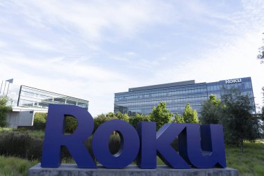 Close up of Roku sign on the building at the headquarters in San Jose, California, USA on June 9, 2023. Roku, Inc. is an American company that runs a streaming service clipart