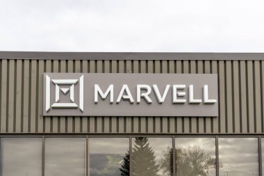 Kanata, Ottawa, ON, Canada - October 15, 2023: Close up of Marvell logo sign on the office building in Kanata, Ottawa, ON, Canada. Marvell Technology, Inc. is an American company. clipart