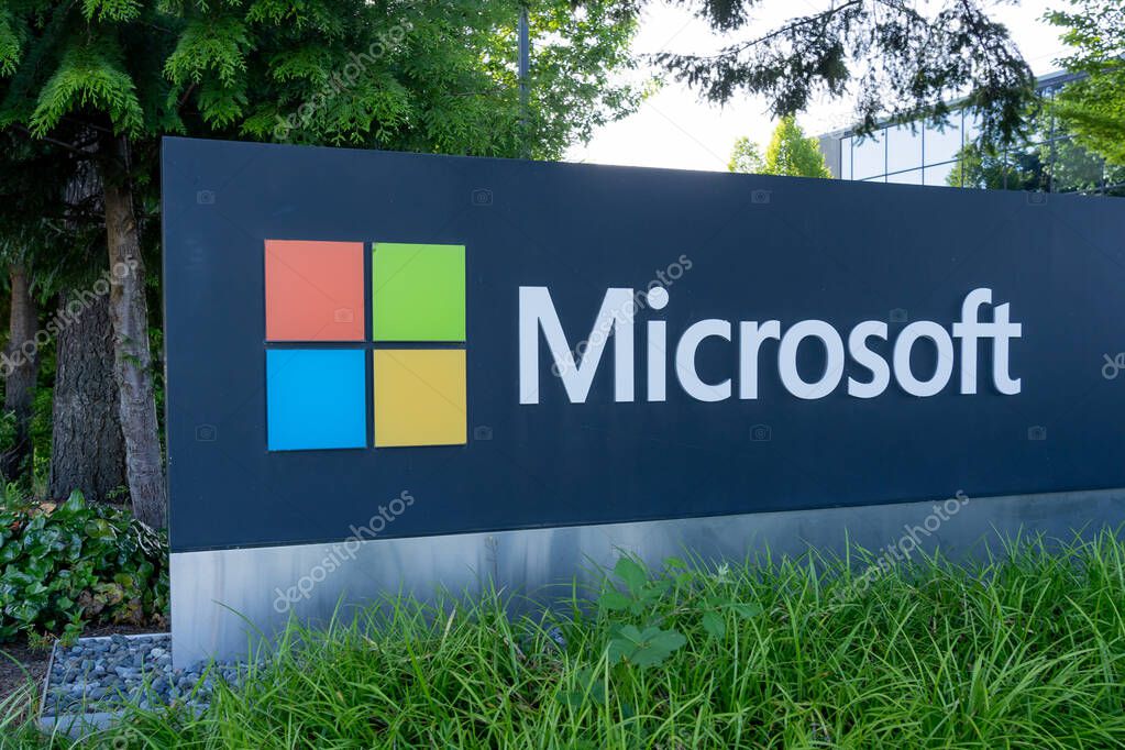 Redmond, WA, USA - June 15, 2023: Microsoft ground sign at its headquarters in Redmond, Washington, USA. Microsoft Corporation is an American multinational technology corporation
