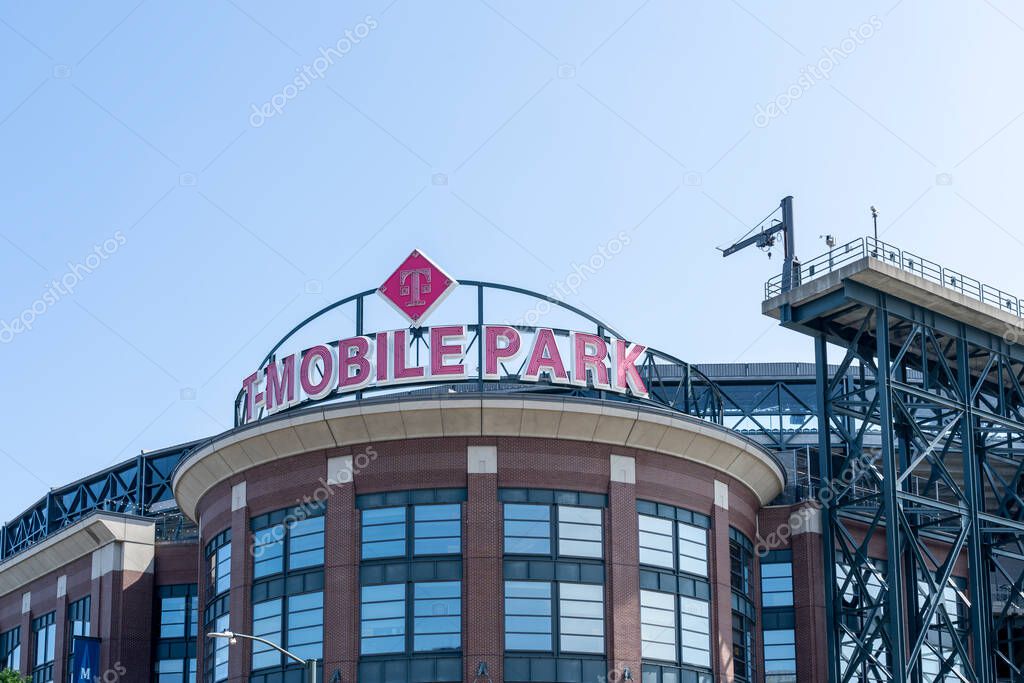Seattle, WA, USA - June 15, 2023: T-Mobile Park in Seattle, WA, USA. T-Mobile Park is a retractable roof stadium in Seattle.