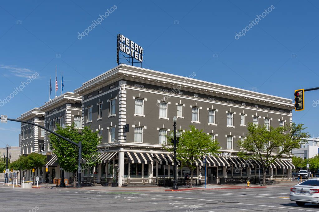 Peery Hotel in Salt Lake City, Utah, USA - May 15, 2023. The Peery Hotel, built in 1910, is a historic landmark hotel