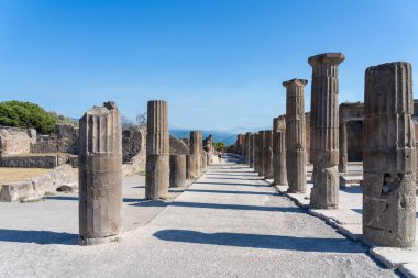 Pompeii, Napoli, İtalya - 11 Ağustos 2024: İtalya 'nın Napoli kentindeki Pompei kalıntıları. Pompeii, M.S. 79 yılında Vesuvius 'un patlamasından sonra küllere gömülen bir Roma şehridir.. 