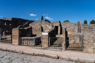 Pompeii, Napoli, İtalya - 11 Ağustos 2024: İtalya 'nın Napoli kentindeki Pompei kalıntıları. Pompeii, M.S. 79 yılında Vesuvius 'un patlamasından sonra küllere gömülen bir Roma şehridir.. 