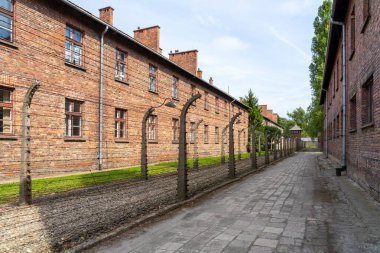 Oswiecim, Polonya - 31 Temmuz 2024: Oswiecim, Polonya 'daki Auschwitz toplama kampı, 2. Dünya Savaşı sırasında Nazi Almanyası tarafından işletilen 40' tan fazla toplama ve imha kampı.