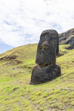 Paskalya Adası, Şili - 4 Mart 2023: Moai, Şili 'nin Rapa Nui kentindeki Rano Raraku yamacına çıkar. Raraku genellikle Moai Fabrikası olarak bilinir.