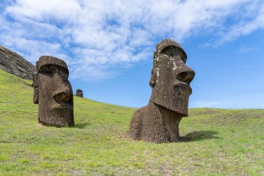 Paskalya Adası, Şili - 4 Mart 2023: Moai, Şili 'nin Rapa Nui kentindeki Rano Raraku yamacına çıkar. Raraku genellikle Moai Fabrikası olarak bilinir.