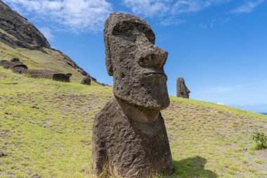 Paskalya Adası, Şili - 4 Mart 2023: Moai, Şili 'nin Rapa Nui kentindeki Rano Raraku yamacına çıkar. Raraku genellikle Moai Fabrikası olarak bilinir.