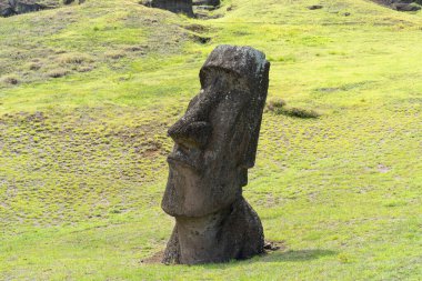 Paskalya Adası, Şili - 4 Mart 2023: Moai, Şili 'nin Rapa Nui kentindeki Rano Raraku yamacına çıkar. Raraku genellikle Moai Fabrikası olarak bilinir.