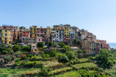 Cinque Terre, Liguria, İtalya - 22 Temmuz 2024: İtalya 'nın engebeli Riviera kıyı şeridi üzerinde bir dizi deniz kenarı köyü olan Cinque Terre, İtalya' nın beş balıkçı köyünden biri olan Vernazza 'nın görüntüsü.