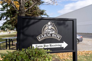 Mississauga, On, Kanada - 24 Ekim 2020: Mississauga, Ontario, Kanada 'da bir Çiftçi Çocuk tabelası görüldü. Farm Boy Inc., Kanadalı bir gıda perakendecisi. Taze ürün ve gıda ürünleri satma konusunda uzmanlaşmış..