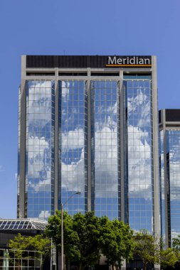 Etobicoke, Toronto, Canada - June 6, 2020: Meridian sign on the top of the office building in Etobicoke, Toronto, Canada. Meridian Credit Union Ltd. is a Canadian credit union. clipart