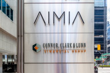 Toronto, Canada - May 16, 2020: Aimia sign outside of Exchange Tower in downtown Toronto. Aimia is a Canadian loyalty and travel consolidator. clipart