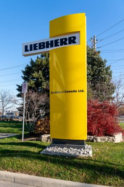 Burlington, On, Kanada - 8 Kasım 2020: Liebherr-Canada Ltd. tabelası Burlington, Ontario, Kanada 'daki merkez ofislerinde gösterilmektedir. Liebherr Grubu bir inşaat makinesi üreticisi..