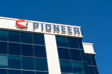 Pioneer sign on their headquarters building is seen on November 8, 2020 in Burlington, Ontario, Canada. Pioneer Energy LP is a Canadian gas retailer and convenience store operator. clipart