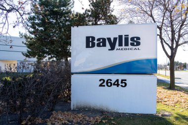 Mississauga, On, Canada - November 10, 2020: Baylis Medical sign at their office in Mississauga, Canada. Baylis is a Canadian manufacturer of high-technology medical devices. clipart