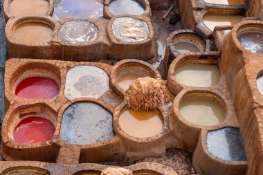 İşçiler Fez, Fes el Bali, Fas, Afrika 'daki tabakhanede deri boyuyorlar.