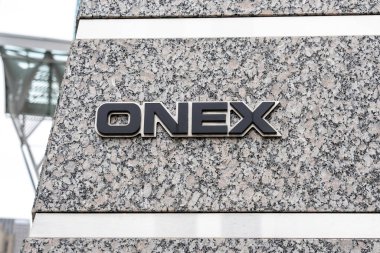 Toronto, Canada - October 29, 2019: Sign of Onex Corporation at its head office with blurred Brookfield Place entrance in downtown Toronto. Onex Corporation is an investment manager clipart