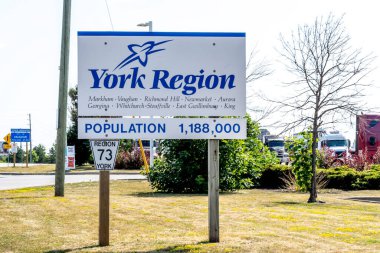 Barrie, Ontario, Kanada - 4 Ağustos 2019: York Bölgesi tabelası. York Bölgesi, Kanada 'nın Güney Ontario eyaletinde yer alan bir belediyedir.