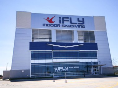 Oakville, Ontario, Canada - May 20, 2019: iFLY Toronto Oakville Indoor Skydiving. iFLY Toronto is a 14 foot recirculating model and is one of the Tourist attraction in Oakville, Ontario, Canada. clipart