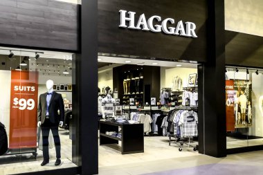 Vaughan, Ontario, Canada - June 11, 2019: Haggar store front at Vaughan Mills in Vaughan, Ontario, Canada. Haggar is a Dallas-based menswear brand sold in the United States, Canada, and Mexico. clipart