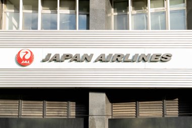 Seoul, South Korea - April 10, 2019: Japan Airlines sign on the building in Seoul, South Korea. Japan Airlines Co., Ltd. (JAL) is the flag carrier airline of Japan. clipart