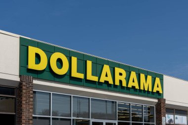 Thornhill, ON, Canada - September 20, 2024: Closeup of Dollarama store logo sign on the building. Thornhill, ON, Canada. Dollarama Inc. is a Canadian dollar store retail chain. clipart