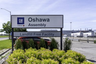 Oshawa, Ontario, Canada - July 1, 2019: Sign of GM Canada Oshawa Assembly in Oshawa, Ontario, Canada. clipart