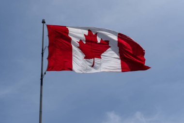 Mavi gökyüzüne karşı Kanada bayrağı.