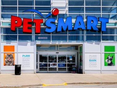 Toronto, Canada - May 20, 2019: PetSmart storefront in Toronto, Canada. PetSmart Inc. is an American retail chain that is engaged in the sale of pet animal products and services. clipart