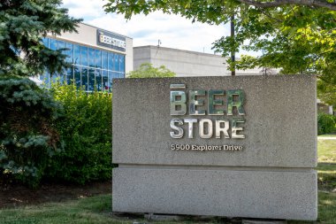 Mississauga, Ontario, Canada - August 11, 2019: Sign of Beer Store Corporate Office in Mississauga. The Beer Store, is a Canadian privately owned chain of retail outlets selling beer and malt beverage clipart