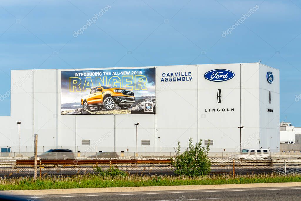 Oakville, Ontario, Canada - May 27, 2019: Ford Motor Company of Canada facility in Oakville, Ontario, Canada. The Ford Motor Company is an American multinational automaker.