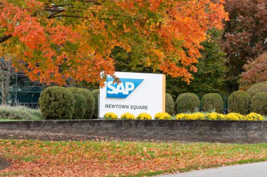 SAP sign at the SAP America Headquarters in Newtown Square, PA, USA, November 4, 2023. SAP SE is a German multinational software company. clipart