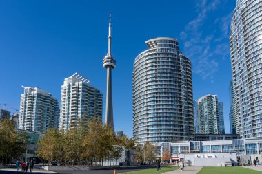Toronto, Kanada-22 Ekim 2023: Toronto silueti Bremner Bulvarı ve Lower Simcoe Caddesi 'nde CN Tower manzaralı, Ripley' s Canada Akvaryumu 'nun yanında, doğuya bakıyor..