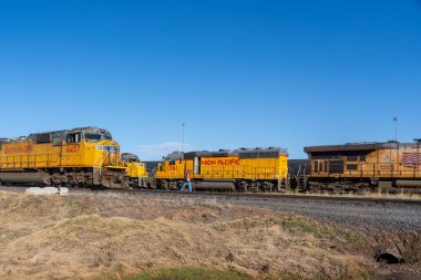 Union Pacifics Bailey Yard viewed from Golden Spike Tower in North Platte, NE, USA - May 8, 2023. Union Pacifics Bailey Yard in North Platte is the largest railroad classification yard in the world clipart