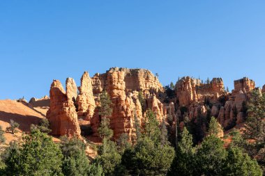 Bryce Canyon Ulusal Parkı, Güney Utah, ABD, 3 Haziran 2023. Bryce Canyon Ulusal Parkı, koyu kırmızı kabadayılarıyla tanınır. Bunlar ilmik şekilli kaya oluşumlarıdır..