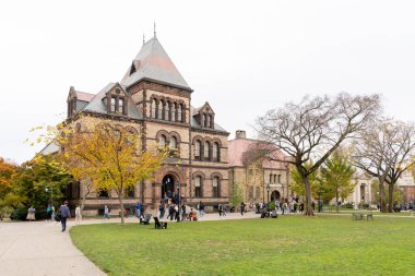 Cambridge, MA, USA - 10 Kasım 2023: Cambridge, MA, ABD 'deki Harvard Üniversitesi kampüsünü ziyaret eden insanlar. Harvard Üniversitesi özel bir Ivy League araştırma üniversitesidir..