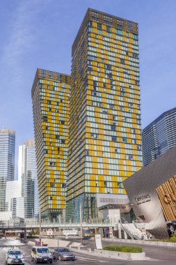 LAS VEGAS, NEVADA, ABD - 1 Ocak 2018: Veer Towers, 2018. Veer Kuleleri, Las Vegas Bulvarı 'ndaki şehir merkezinde bulunan 37 katlı ikiz kulelerdir..